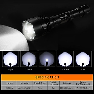 Đèn pin Trustfire Đèn đuốc 1600 Lumen, độ chiếu sáng xa, dùng trong hoạt động thường ngày