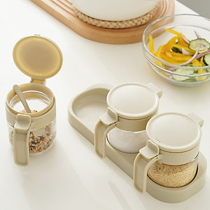 Set 3 hũ (lọ) đựng gia vị kèm khay DandiHome 250ml thủy tinh cao cấp tặng muỗng