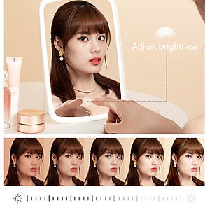 Gương Để Bàn Đèn LED Gương Cảm Ứng Để Bàn Trang Điểm Gương Có 3 Chế Độ Sáng Đổi Màu Sạc USB 23x16cm