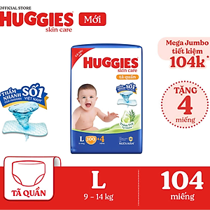 Tã/bỉm quần Huggies Skin Care Mega Jumbo L96+8 miếng với tràm trà dịu da