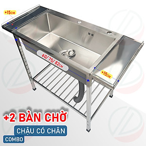 COMBO Chậu Rửa Bát Có Chân Kèm Kệ Úp Chén Đa Năng - Gồm chậu 1 hộc đơn nhiều kích thước, kệ chén 1 tầng, vòi lạnh Luxta và phụ kiện