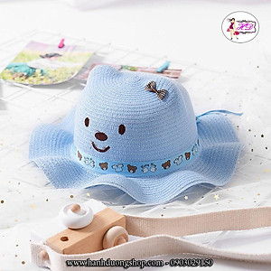 Nón đi biển cho bé vành gợn sóng in hình gấu dễ thương, ngộ nghĩnh, gắn dây đai thời trang - Hạnh Dương