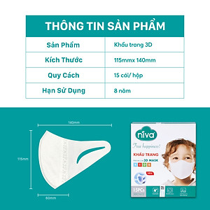 Khẩu Trang 3D Trẻ Em Niva Hộp 15 Cái Cấu Trúc 3 Lớp Ngăn Bụi Mịn Kháng Khuẩn Hàng Chính Hãng Cao Cấp Cho Bé Từ 1-6 Tuổi