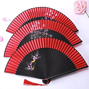 Quạt múa cổ trang dây tuyến viền đỏ cầm tay quà tặng xinh xắn cosplay phong cách tết