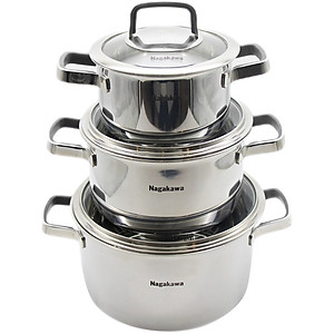 Bộ 3 Nồi Đáy Từ Đa Lớp Nguyên Khối Inox 304 Cao Cấp Nagakawa NAG1353 (16cm, 20cm, 24cm) - Dùng Trên Mọi Loại Bếp - Hàng Chính Hãng