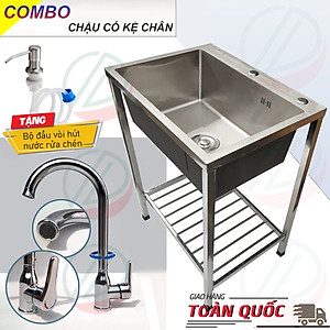 COMBO Chậu Rửa Chén Bát 1 Hộc 60x45cm Có Chân Cao 81cm Kèm Vòi Inox Nóng Lạnh - Gồm kệ chân, chậu, vòi, bộ xả, tặng đầu xịt xà bông