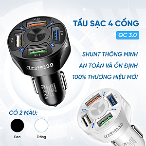 Tẩu Sạc Nhanh Thông Minh Quick Charge 3.0 | Tẩu Sạc Nhanh Thông Minh 4 Cổng USB Công Nghệ Sạc Nhanh Quick Charge 3.0, Tương Thích Nhiều Thiết Bị, Ổn Định Dòng Sạc
