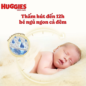 Tã/bỉm dán sơ sinh Huggies Skin Perfect NB 70+4 miếng với 2 vùng thấm giảm kích ứng da