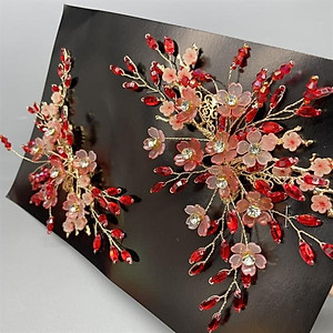 Cài tóc cô dâu hoa đỏ đính hoa nhí hồng cam