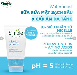 Gel Rửa Mặt Simple Dưỡng Ẩm Cho Da Dạng Gel 150ml Water Boost Micellar Facial Gel Wash