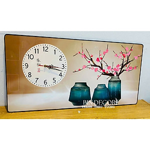 (ẢNH THẬT) Tranh đồng hồ tráng gương bình hoa đào hồng uv mặt mica sáng bóng kèm đinh