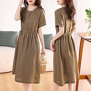 Đầm linen nữ trơn tay ngắn kết hợp phối cúc và rút eo , có nhiều màu dễ mặc đi chơi hay đi làm Da217