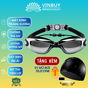 Kính Bơi Tráng Gương kèm bịt tai cao cấp VinBuy chống sương mù, chống tia UV Hàng chính hãng - Tặng kèm nón bơi Silicon (Màu ngẫu nhiên)