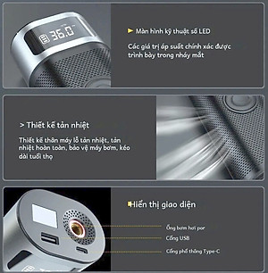 Máy Bơm Lốp Không Dây Công Suất Lớn 150PSI 9A 96W Vỏ Hợp Kim Nhôm Kiêm Sạc Dự Phòng Powerbank Tự Động Ngắt Khi Đủ Hơi