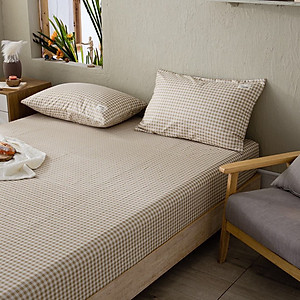 Bộ Ga Gối Cotton Tici Kẻ LIDACO Cao Cấp - Caro Nâu Nhạt