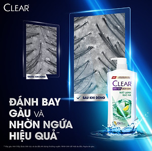 Dầu gội đầu Clear Mát Lạnh Bạc Hà sạch gàu ngứa và vi khuẩn suốt 48 Giờ 880g