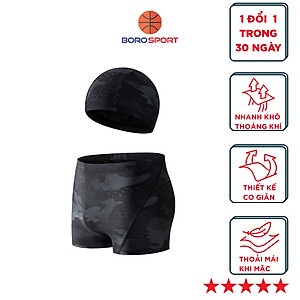 Quần bơi nam boxer  Cleacco màu đen Camo , chất vải  Poly co giãn 4 chiều , thoáng khí , thoát nước nhanh BORO SPORT - Tặng nón bơi vải