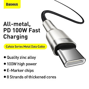 Cáp sạc siêu nhanh 100W truyền dữ liệu Baseus Cafule Series Metal Data Cable Type-C to Type-C (100W) - Hàng Chính Hãng