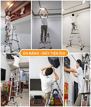 Thang nhôm rút đôi, có bánh xe di chuyển tiện lợi, thanh giằn khóa và thân thang an toàn, chiều cao từ 3,8m - 8m