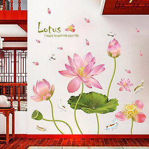 [ Size Lớn ] Decal dán tường kết hợp Hoa Sen Hồng và Bụi Tre  AM9104+XL8292