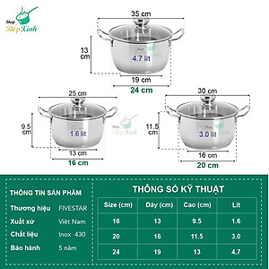 Bộ nồi Fivestar Standard FS-B3010 ( Nồi16cm , nồi 20cm , nồi 24cm) , 3 đáy dùng được mọi bếp