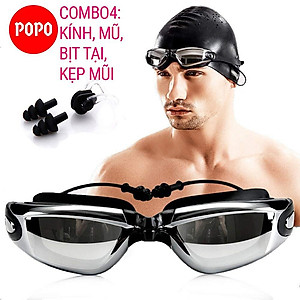Kính bơi người lớn tráng gương POPO1940 cùng mũ bơi và bịt tai kẹp mũi cho nam nữ, cho bé trẻ em từ 8 tuổi