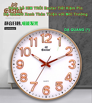 Đồng Hồ Treo Tường Cao Cấp DẠ QUANG EASTAR Mặt Tròn Lớn Viền Mỏng 38cm – Số nổi 3D – Máy NHẬT KIM TRÔI - Tặng Pin Maxell - BH 1 Năm - Treo Tường Decor Trang Trí Nhà Cửa