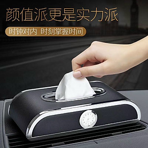 Hộp đựng khăn giấy bằng chất liệu da cao cấp có trang trí mặt đồng hồ dùng trên ô tô