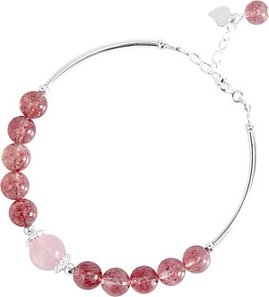 Vòng tay đá thạch anh dâu phối charm ống bạc mệnh hỏa, thổ - Ngọc Quý Gemstones