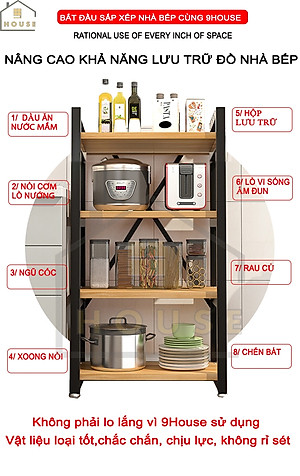 Kệ để lò vi sóng 174-2N thương hiệu 9House kệ bếp để lò nướng nồi cơm điện lò vi sóng gia vị loại khung sắt dày sơn tĩnh điện chống rỉ mặt gỗ MDF lõi xanh chống ẩm bề mặt phủ melamine chống thấm cao cấp - Hàng chính hãng