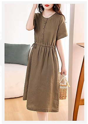 Đầm linen nữ trơn tay ngắn kết hợp phối cúc và rút eo , có nhiều màu dễ mặc đi chơi hay đi làm Da217