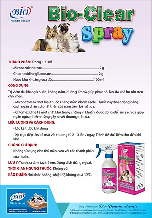 Chai xịt viêm da, nấm da chó mèo Bio Clear Spray (100ml)