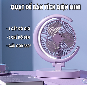 Quạt Để Bàn Tích Điện Mini 3 Cấp Độ Gió Teement, Tích Hợp Đèn Ngủ Động Cơ Không Tiếng Ồn Pin Pin 1200mah , Điều Chỉnh Lên Xuống 360°- Hàng Chính Hãng