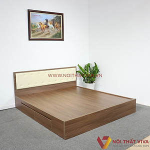 Giường Ngủ Gỗ Mdf Phủ Melamine Bọc Nệm Có Ngăn Kéo Màu Óc Chó + Trắng