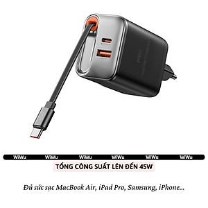Adapter cóc củ sạc nhanh 45W PD USB C + USB-A 3.0 kèm dây sạc Type-C PPS chống cháy hiệu WIWU Helix Fast Charger cho iPhone iPad Oppo Samsung - Hàng nhập khẩu