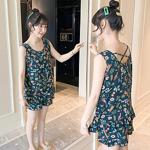 Bộ đồ mặc ở nhà dành cho nữ, bộ áo ba lỗ và quần đùi nhún bèo vải lanh mặc nhà mềm mát, trẻ trung size 35 - 75 kg