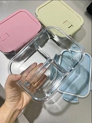 Thố thuỷ tinh đựng cơm 3 ngăn tặng kèm bộ đũa thìa Inox( giao mầu ngẫu nhiên )