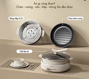 Nồi Lẩu Nướng Đa Năng BEAR DHG-C40W2, Có Kèm Khay Hấp Dung Tích 4 Lít, Công Suất 1500 W - Hàng Chính Hãng