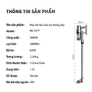 Máy hút bụi cầm tay SOKANY LOẠI SẠC PIN KHÔNG DÂY công suất 2000W lực hút cực mạnh 20000Pa - SK3377 - HÀNG CHÍNH HÃNG - DELIYA