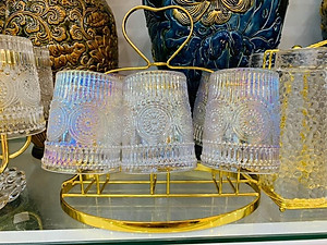 BỘ 6 CỐC THỦY TINH CHỊU NHIỆT CAO CẤP  UỐNG NƯỚC HOA VĂN TRỐNG ĐỒNG DẬP NỔI - ANTH674