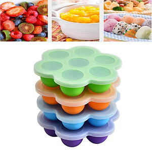 Silicone Infant Breast Milk Freezer Tray Weaning 7 Grids w/ Lid Crisper Ice Mould for Vegetable & Fruit Purees