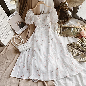 Váy hoa nhí cổ vuông tiểu thư - váy trắng hoa nhí hàn quốc