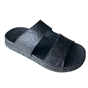 Dép  da Nam quai ngang đế cao 3.5cm Trường Hải may viền da bò thật Màu đen QN155 