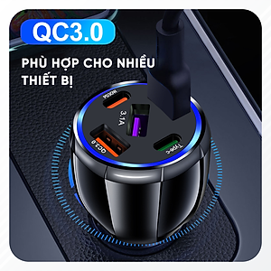 Tẩu Sạc Xe Ô Tô Chia 5 Cổng USB Type C Chuẩn PD, Cổng Quick Charge 3.0 | Kích Thước Nhỏ Gọn, Sạc Nhanh, Dòng Điện Ổn Định