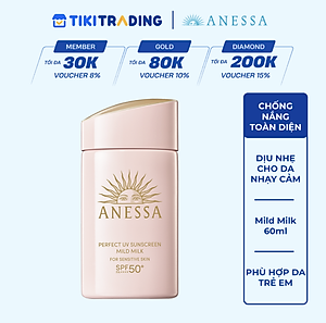 Kem chống nắng dạng sữa dịu nhẹ cho da nhạy cảm và trẻ em Anessa Perfect UV Sunscreen Mild Milk For Sensitive Skin SPF 50+ PA++++ 60ml