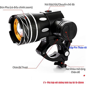 Đèn Pha Gắn Phía Trước Xe Đạp Siêu Sáng Sạc Điện USB Chống Nước (Bản Nâng Cấp Kèm Chân Đế Trượt) Mai Lee
