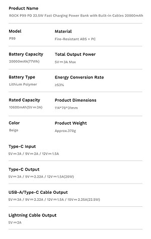 Pin dự phòng sạc nhanh ROCK P99 PD 22.5W 20000mAh có cáp tích hợp , hàng chính hãng bảo hành 1 năm
