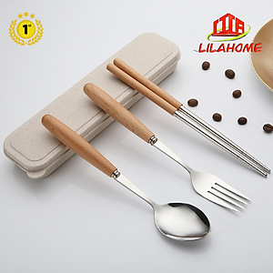 Bộ Đũa Muỗng Nĩa Inox Cán Gỗ Kèm Hộp Đựng Bằng Lúa Mạch Sang Trọng Thanh Lịch - Chính Hãng