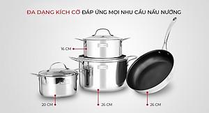Bộ Nồi Chảo Inox 304 3 Lớp Đáy Liền Cao Cấp Elmich Trimax El3742 - 4 Chiếc Size 18cm, 20cm, 26cm và Chảo 26cm