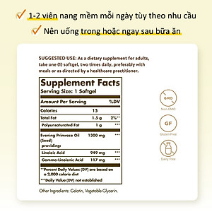 Viên uống điều hòa nội tiết tố nữ, nuôi dưỡng da Solgar Dầu Anh Thảo Evening Primrose Oil 1300 mg - NHẬP KHẨU USA